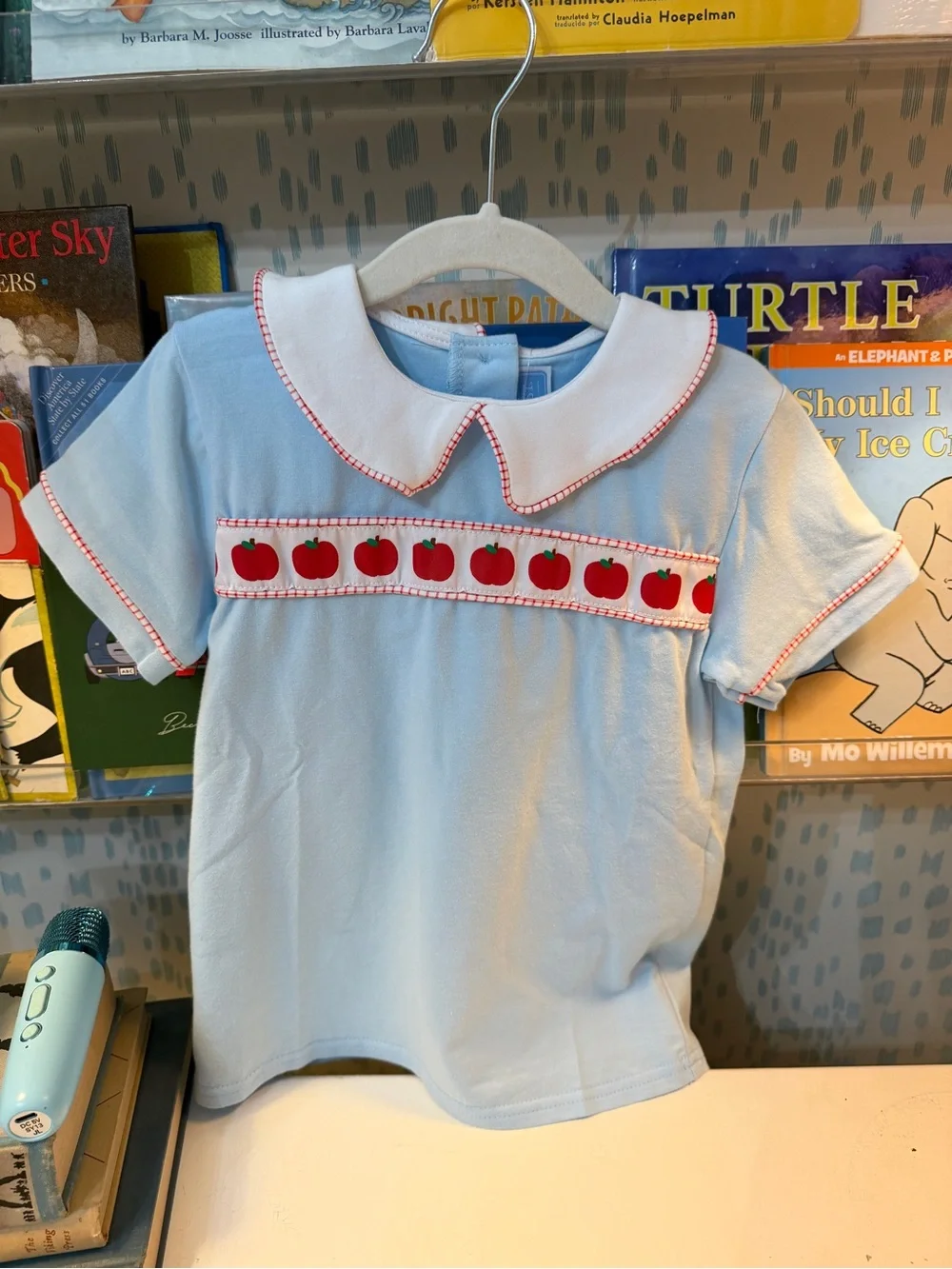 Light Blue Peter-Collar Kids Tee with Red Apple Smocking NWT